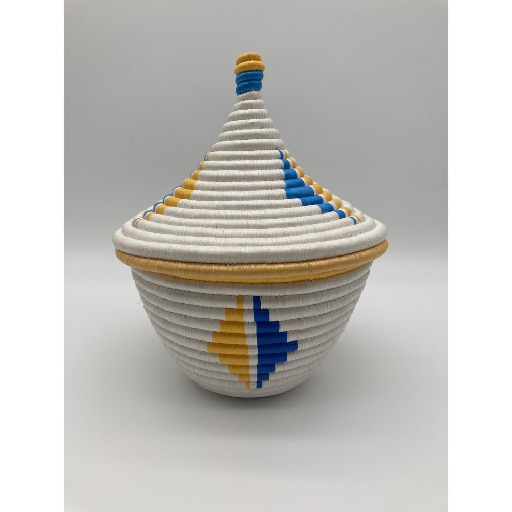 Rwandan Agaseke Style Handwoven Lidded Basket White Yellow Blue Sweetgrass